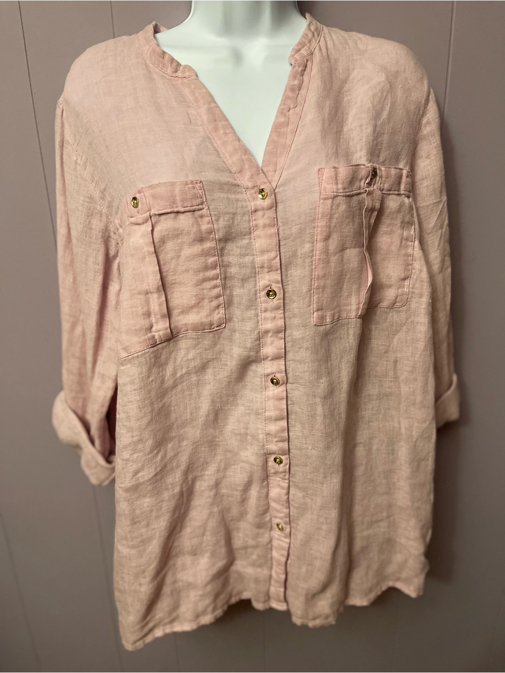 J. Jill Pale Blush Button-Front  100 Linen Shirt